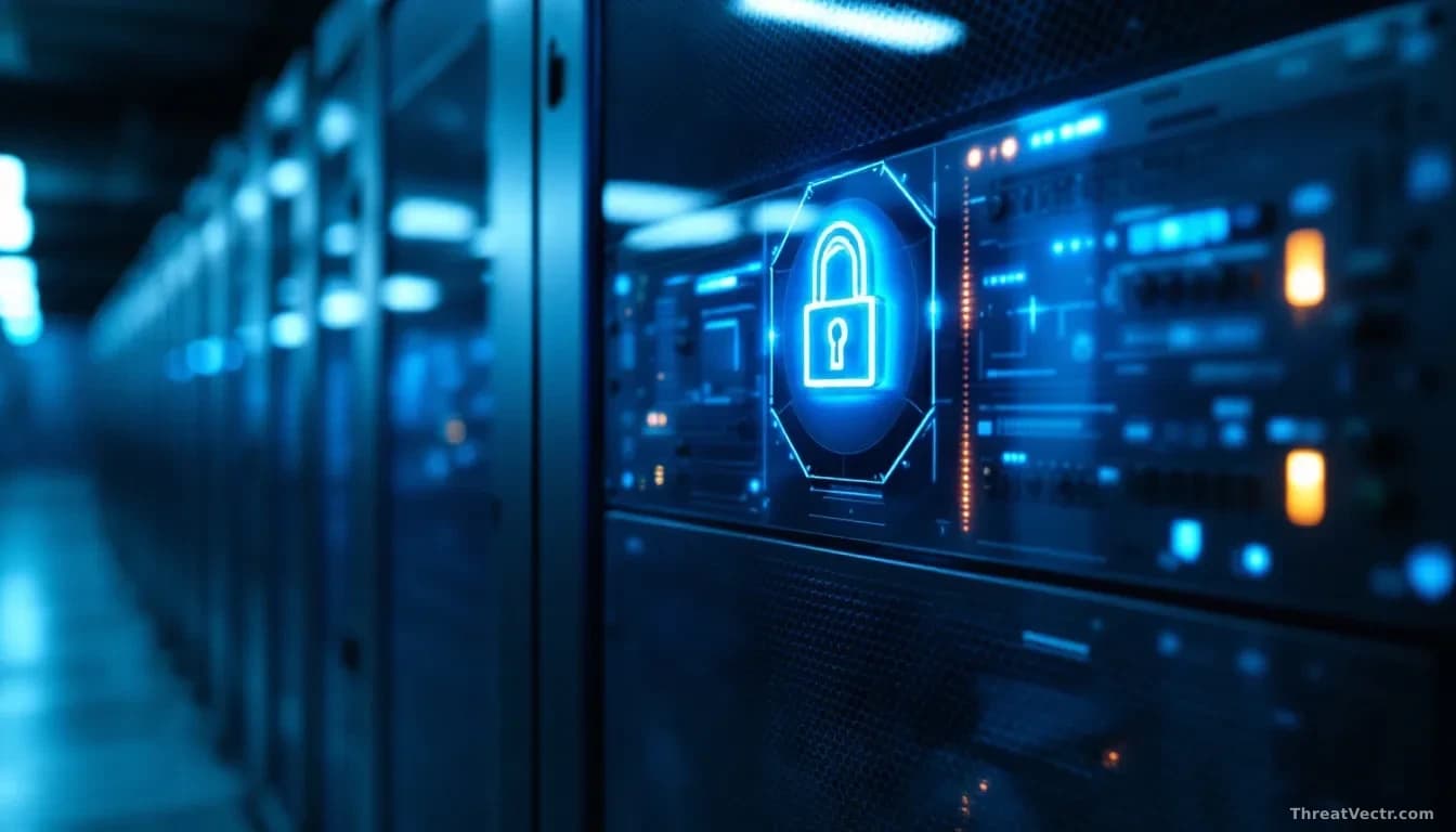 Illustration: a server rack in a dim data centre, with a glowing blue lock icon reflected across polished metal panels