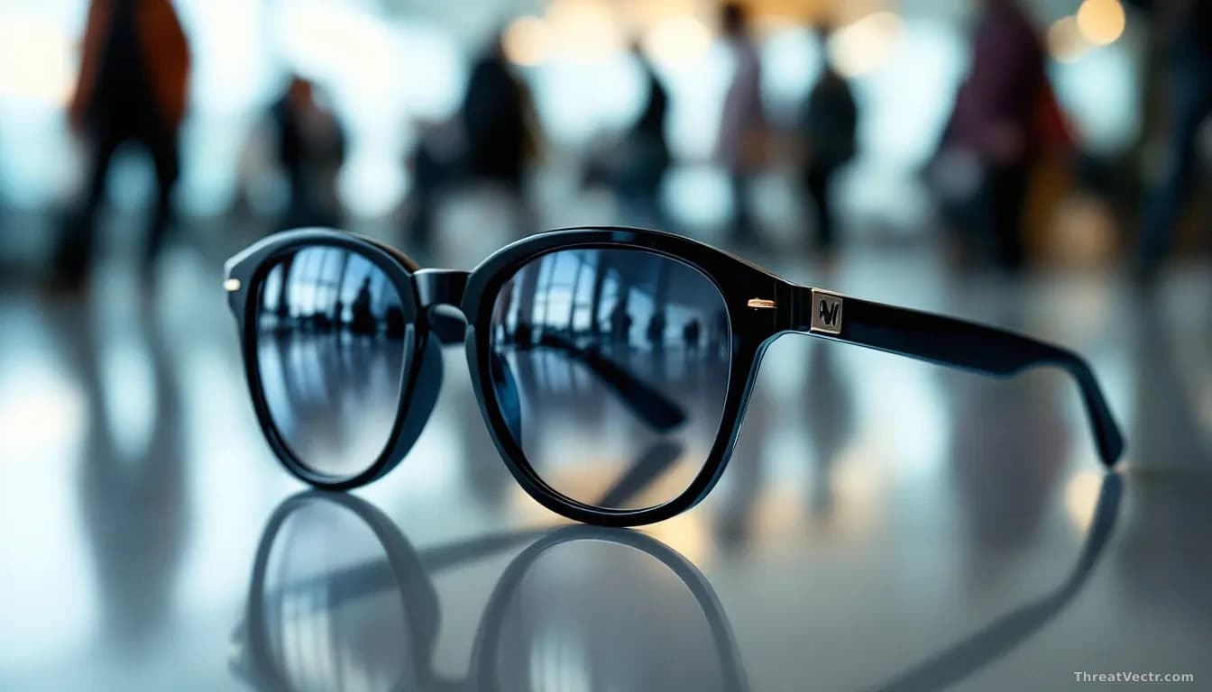 Illustration: A pair of sleek, ordinary-looking consumer sunglasses resting on a reflective surface