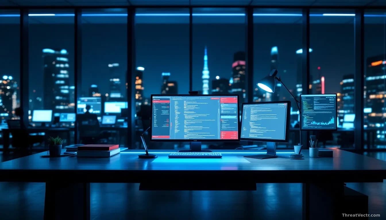 Illustration: A polished corporate office at night