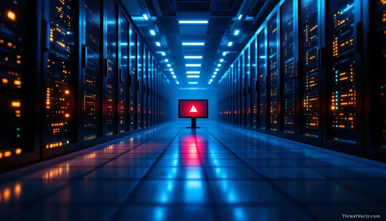 Illustration: A darkened server room with rows of blinking rack-mounted servers casting faint blue and amber light