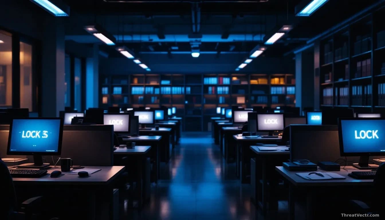 Illustration: A dimly lit open-plan law office at night