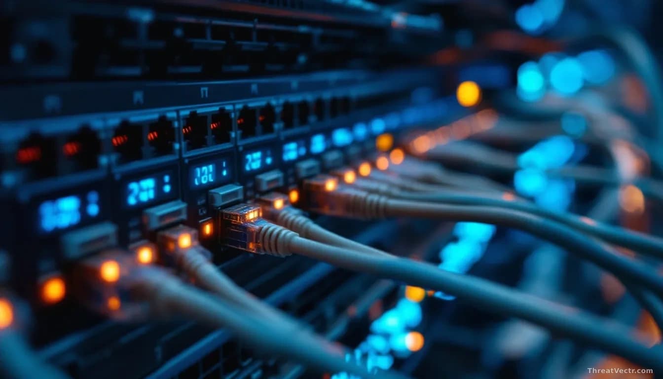 Illustration: a complex network switch with dozens of ethernet cables plugged into glowing ports