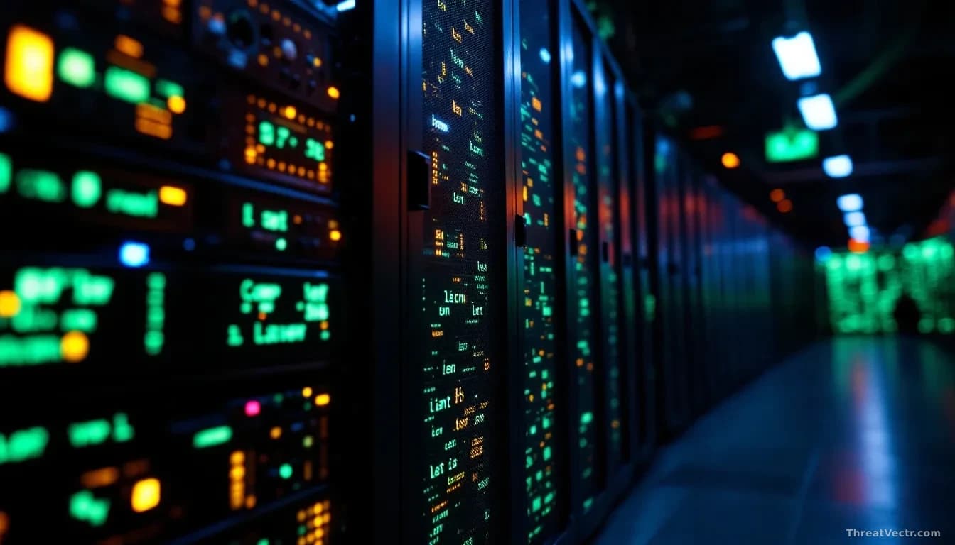 Illustration: A server rack in a dimly lit data centre, bathed in cold blue and amber light