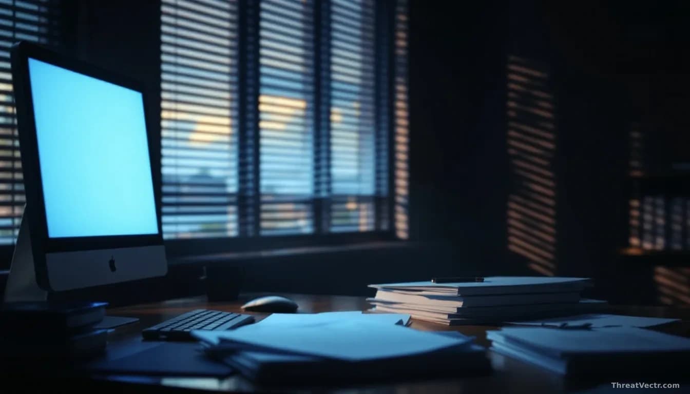 Illustration: a dimly lit law office at night, neat stacks of legal folders on a wooden desk