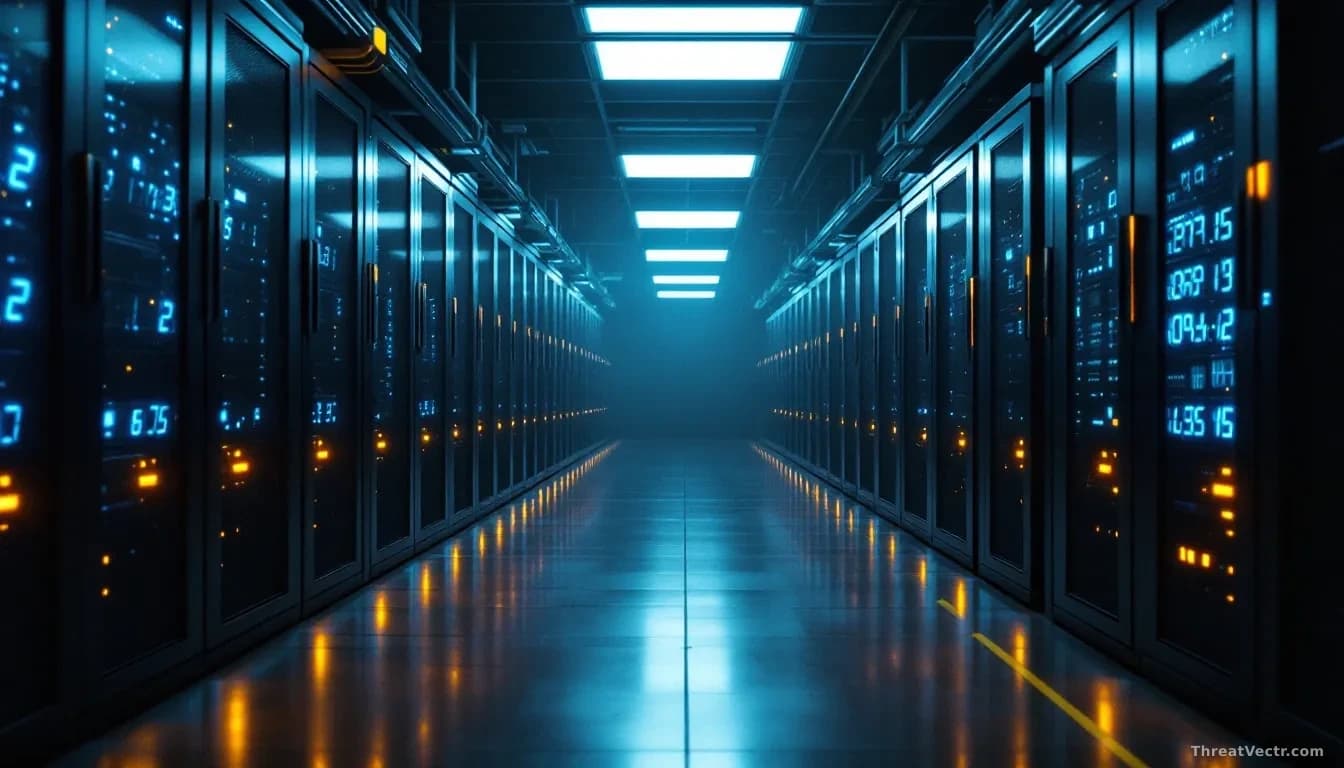 Illustration: A dimly lit server room with rows of blinking rack-mounted servers