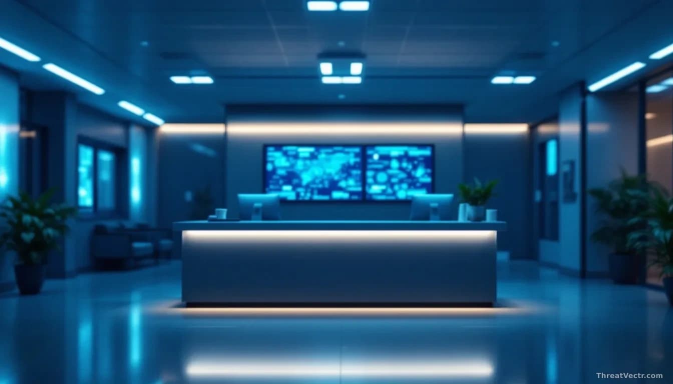 Illustration: a modern hospital or medical clinic reception desk at night