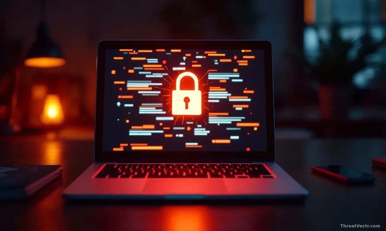 Illustration: a glowing laptop screen showing an abstract broken padlock icon over a blurred website layout grid