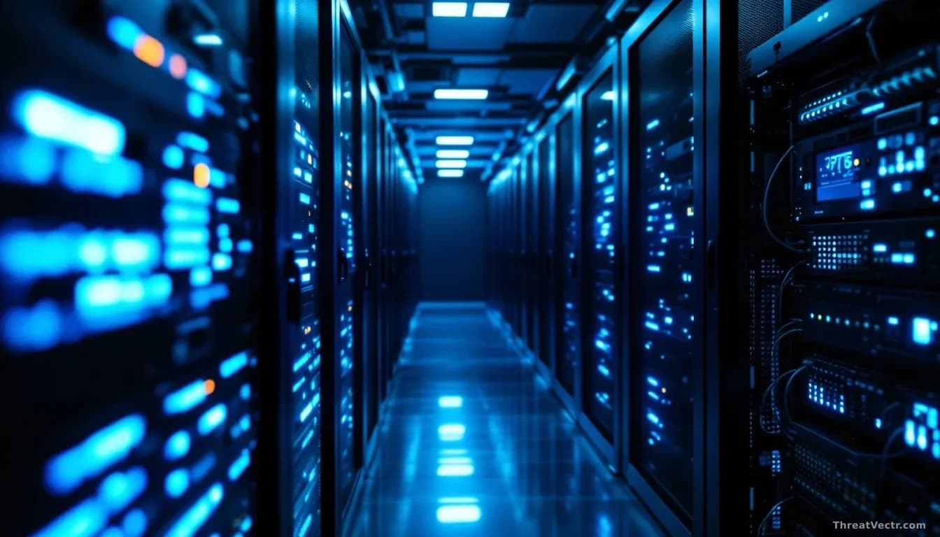 Illustration: a dimly lit server room aisle with cool blue indicator lights on rack-mounted equipment