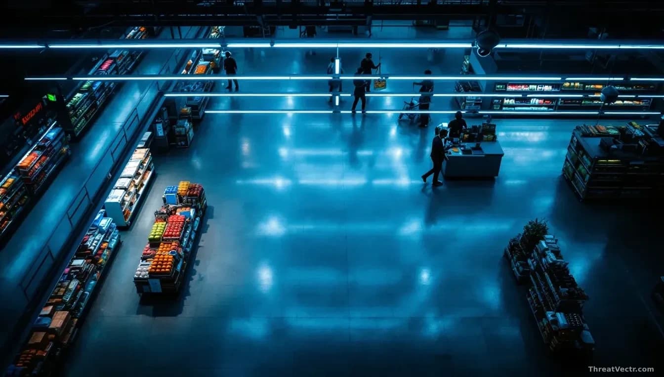 Illustration: brightly lit European supermarket floor at night