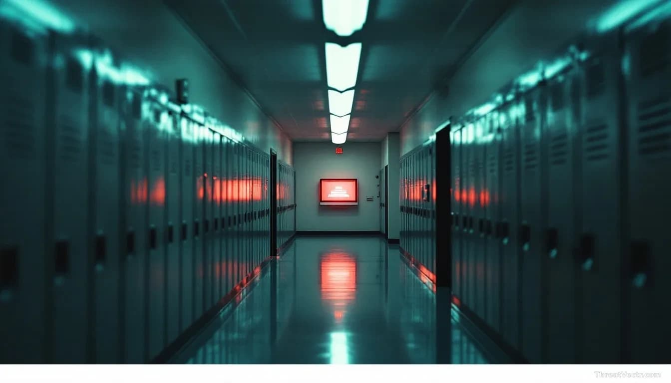 Illustration: An empty school corridor at dusk, fluorescent lights flickering overhead