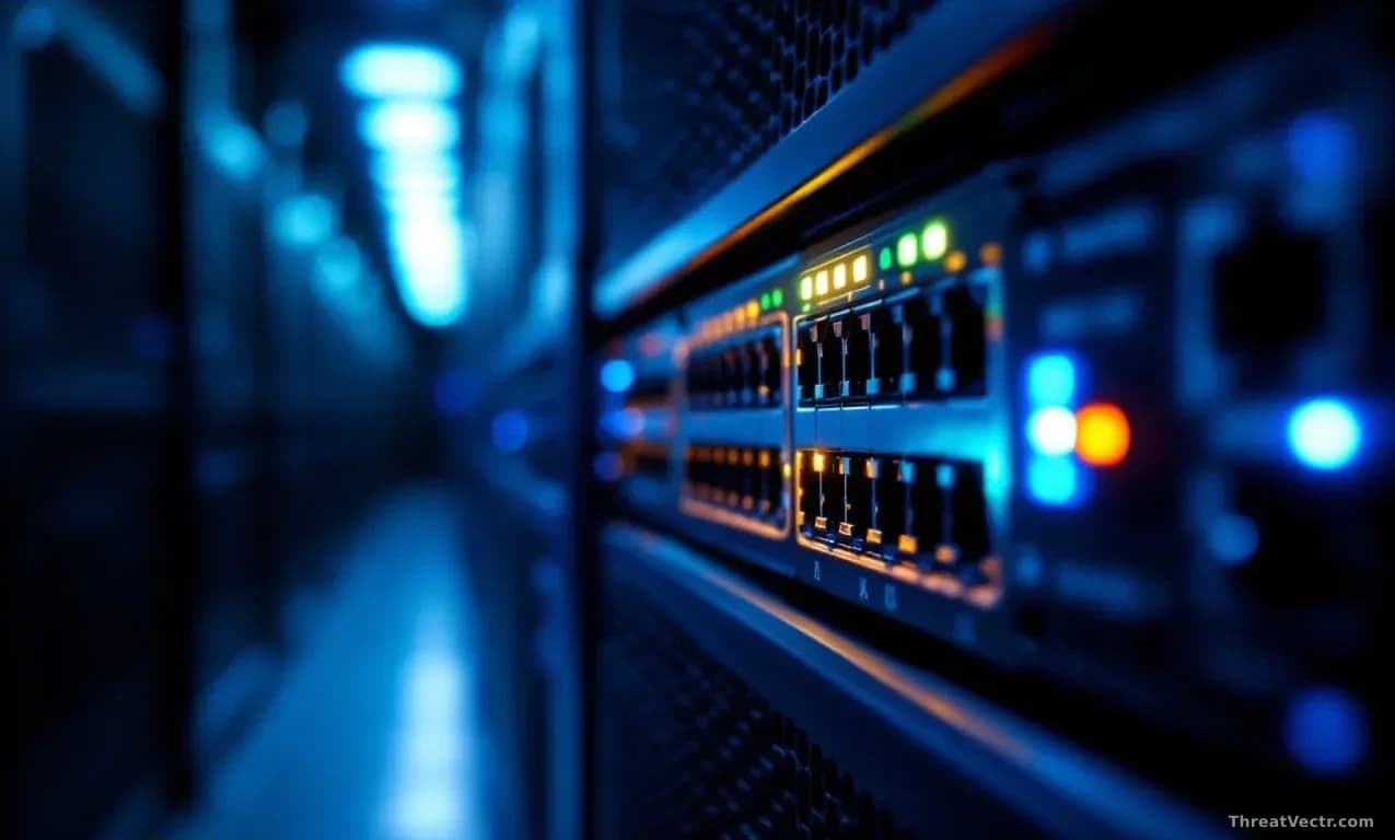 Illustration: a rack-mounted network firewall appliance in a dim data center aisle, status LEDs glowing amber and green