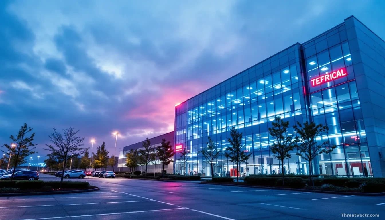 Illustration: a large modern semiconductor fabrication facility at dusk