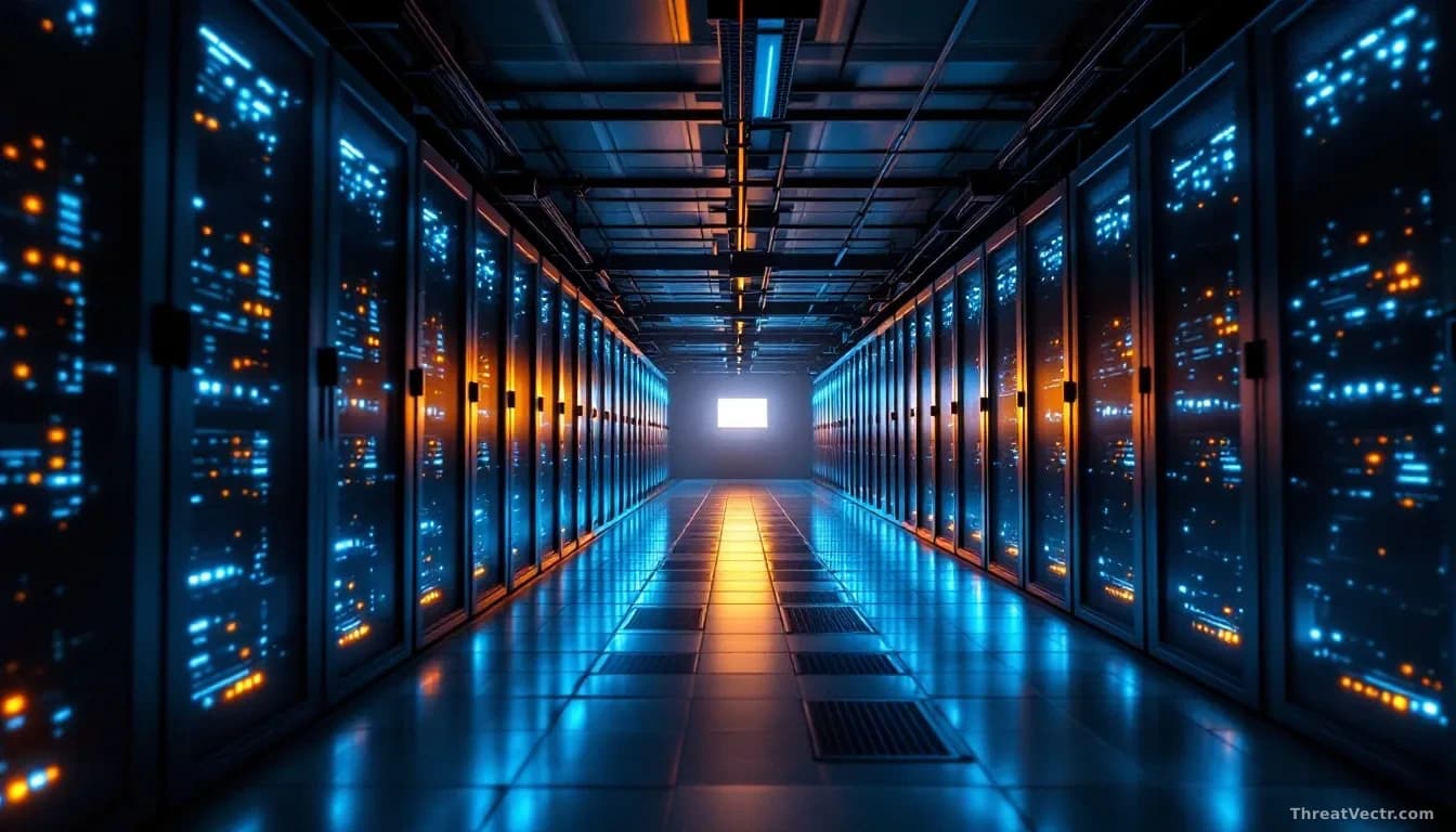 Illustration: A dimly lit server room with rows of blinking rack-mounted equipment casting blue and amber light on the floor