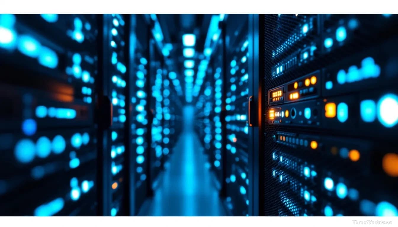 Illustration: a dimly lit server rack in a Japanese data center, cool blue status LEDs reflecting off dark metal