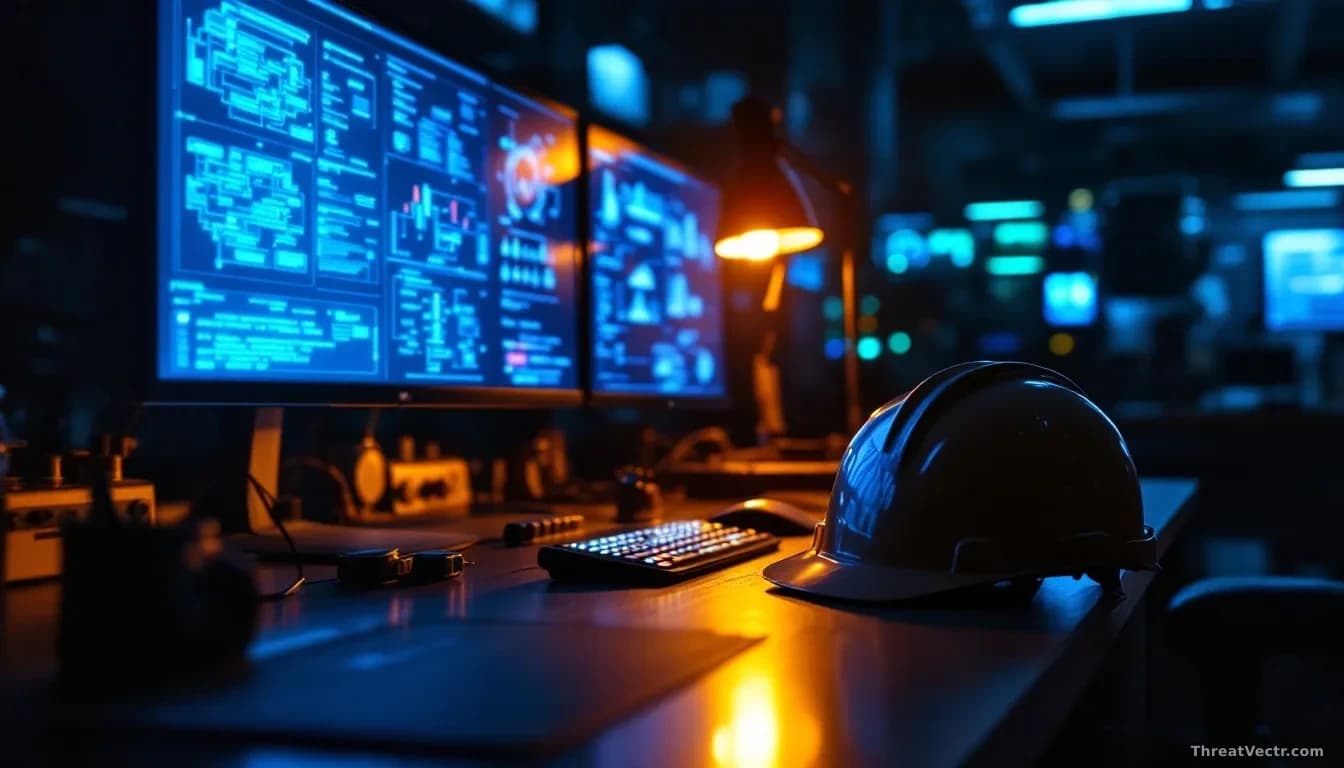 Illustration: an industrial engineering workstation in a dim control room