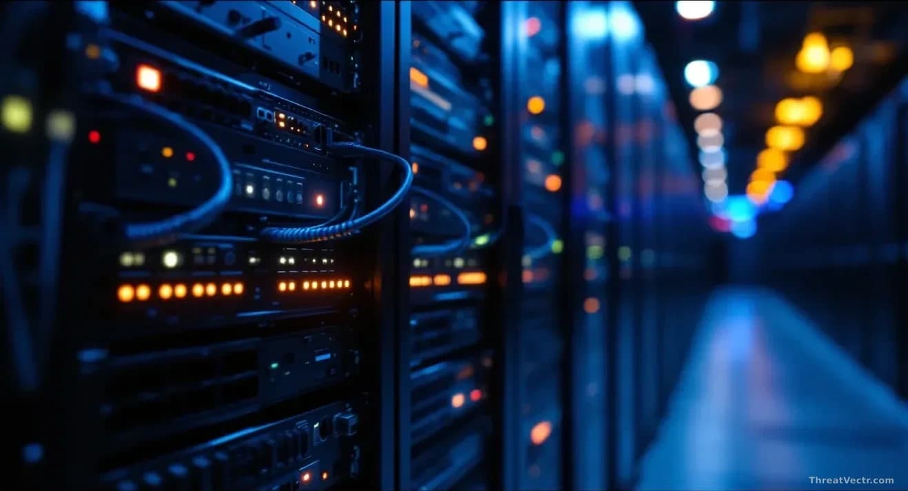 Illustration: a dimly lit server rack in a corporate data centre, amber warning LEDs reflecting off brushed metal