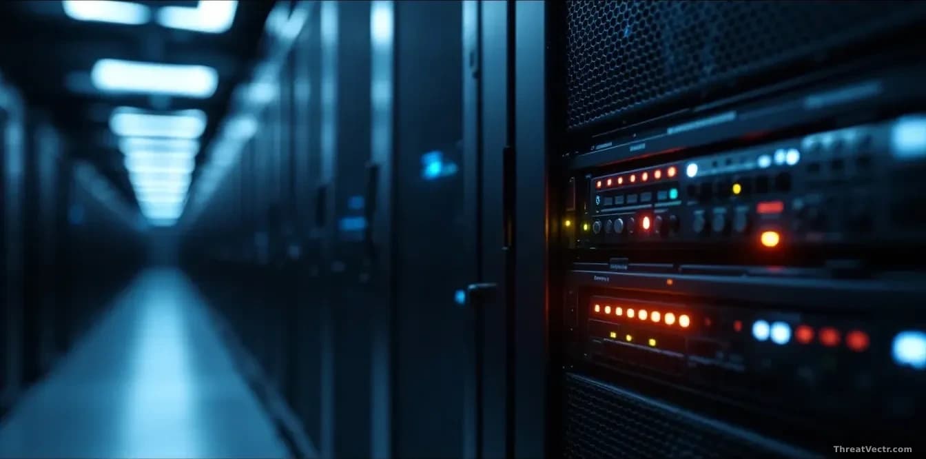 Illustration: a dimly lit server rack in a corporate data centre, amber warning LEDs glowing on one unit