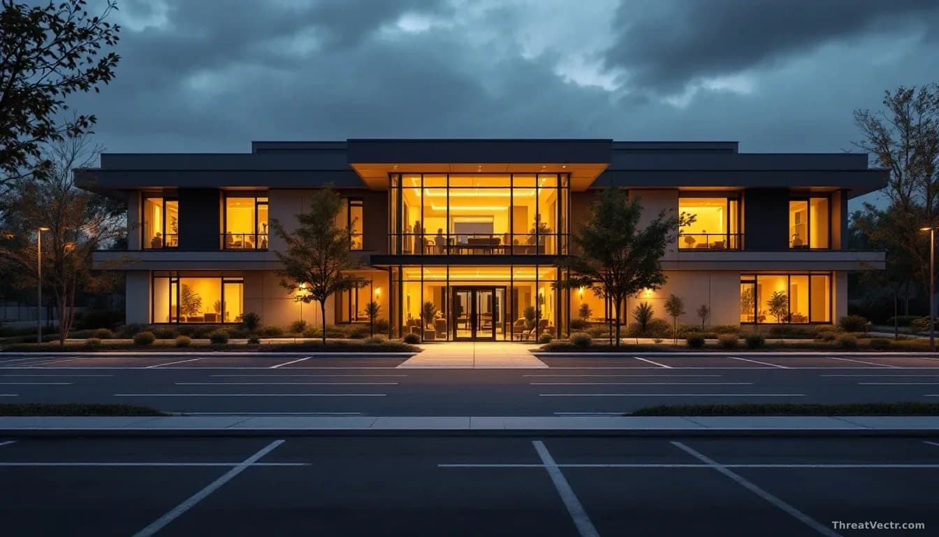 Illustration: a modern senior care facility exterior at dusk, soft warm interior lights visible through large windows