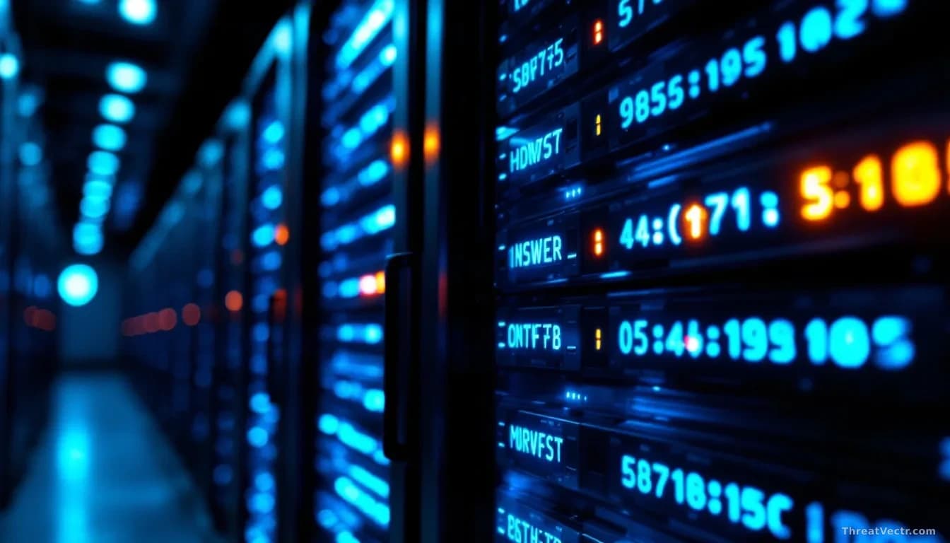 Illustration: rows of illuminated server rack units in a dark data centre