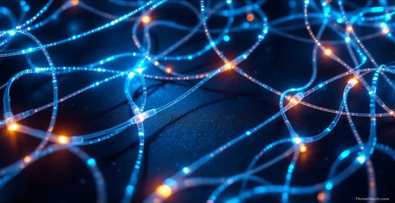 Illustration: a tangled web of glowing fiber-optic cables on a dark matte surface