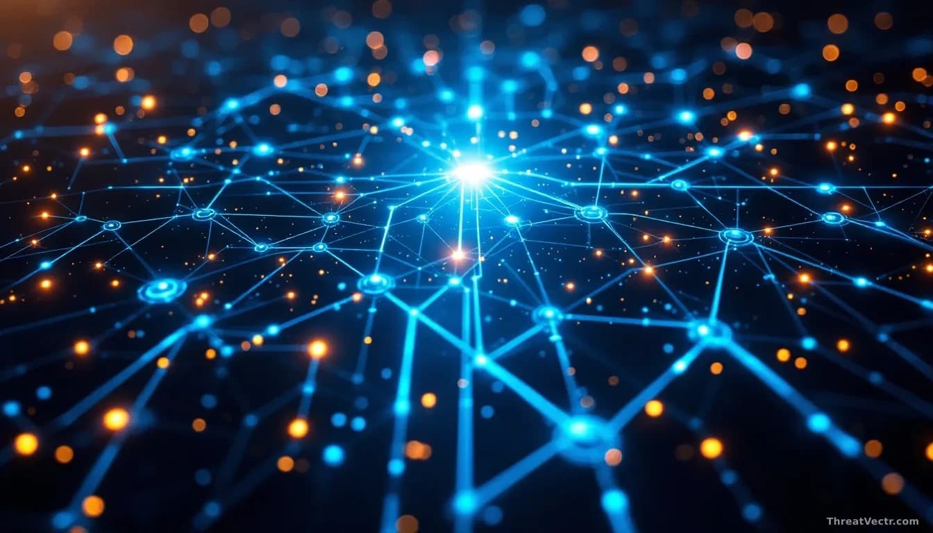 Illustration: A glowing blue network of interconnected nodes and data pathways spreading across a dark surface