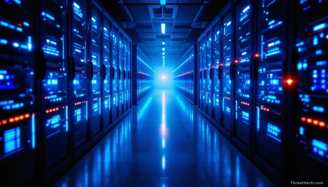 Illustration: a dim server room aisle, cool blue status LEDs on rack units