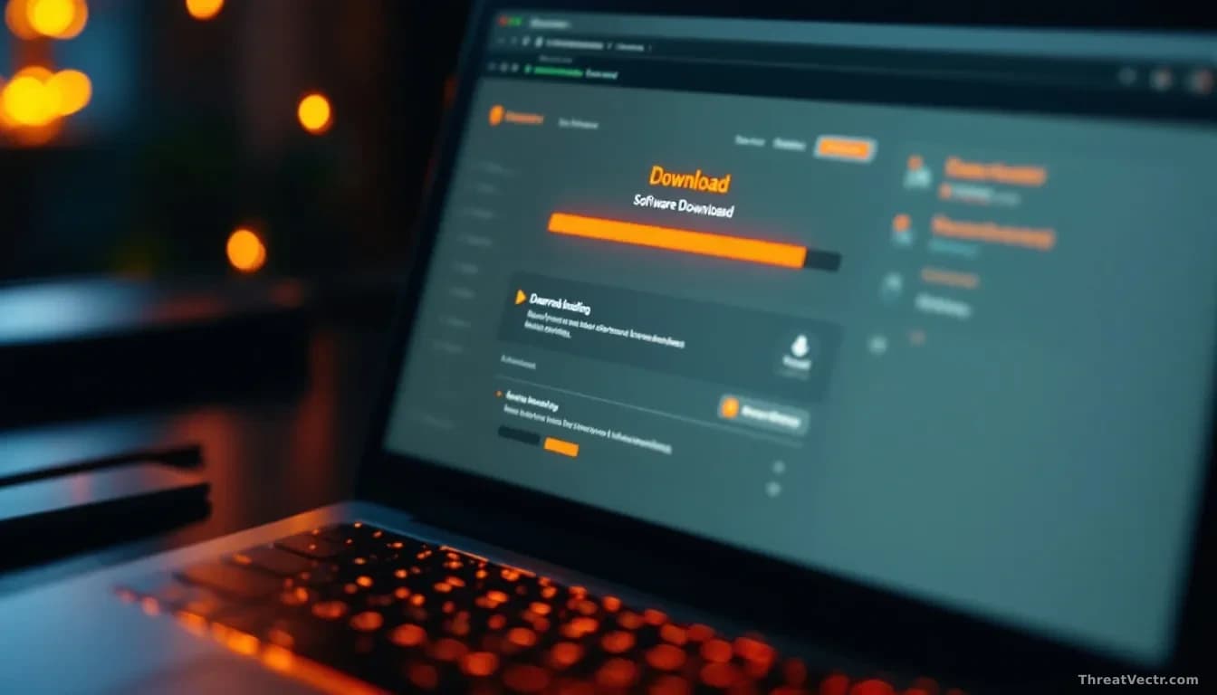 Illustration: a laptop screen showing a generic software download page with a blurred progress bar