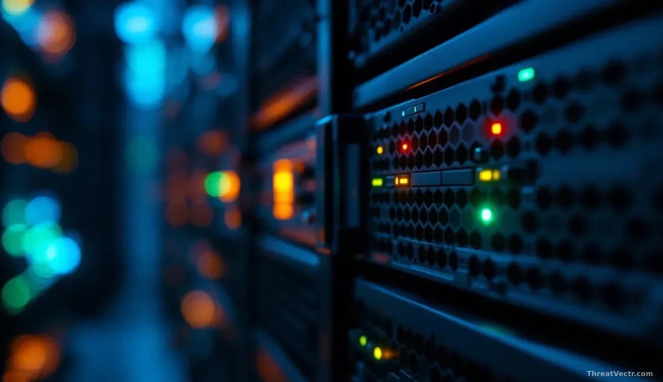 Illustration: a rack-mounted network appliance with blinking amber and green indicator lights in a dark server room