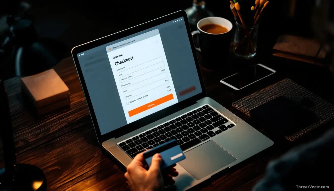 Illustration: a laptop on a dark wooden desk showing a generic clothing store checkout form