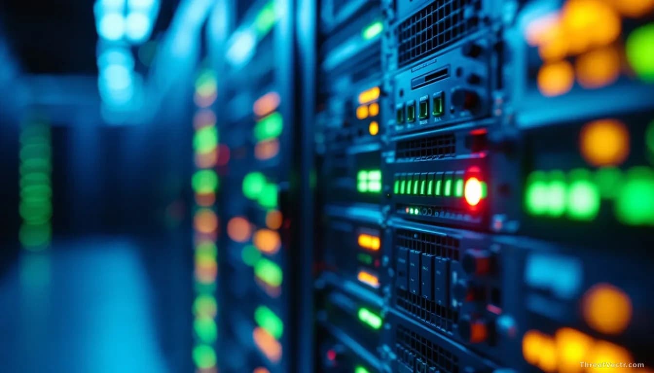 Illustration: stacked physical computer server rack units in a dimly lit data centre