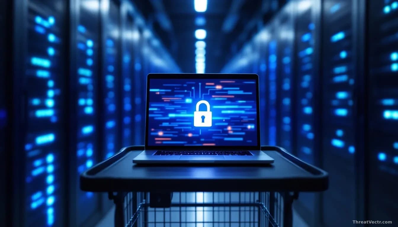 Illustration: a dim server room aisle at a small e-commerce company, racks glowing faint blue