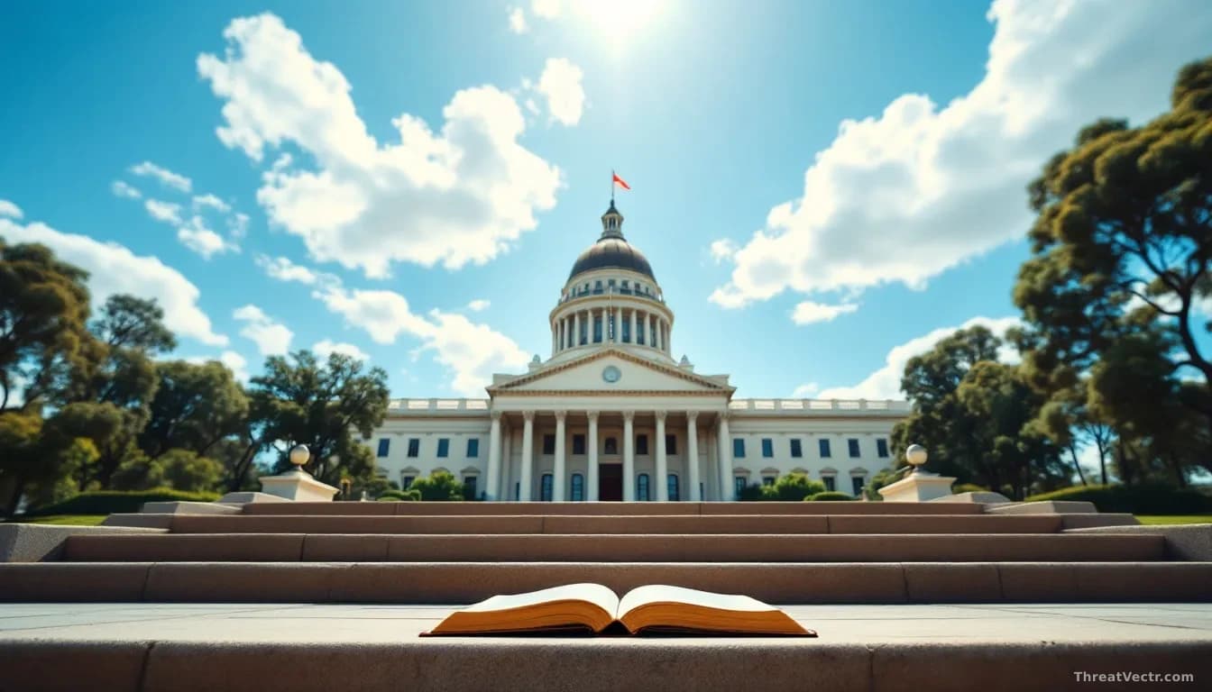 Aerial 16:9 view of a grand neoclassical government building surrounded by eucalyptus trees under a bright Australian sky, with a single open hardcover book res