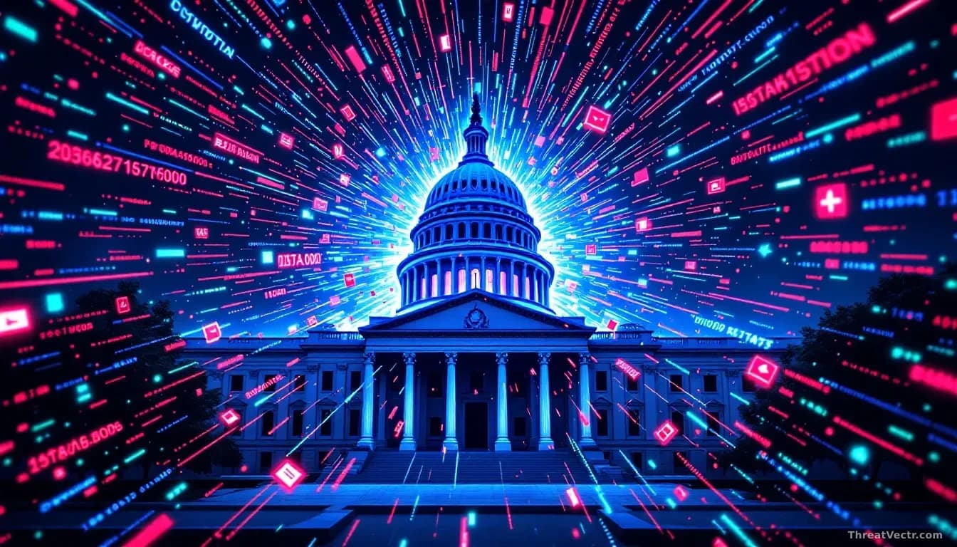 A chaotic scene of digital data swirling around a government building, symbolizing a cyber breach