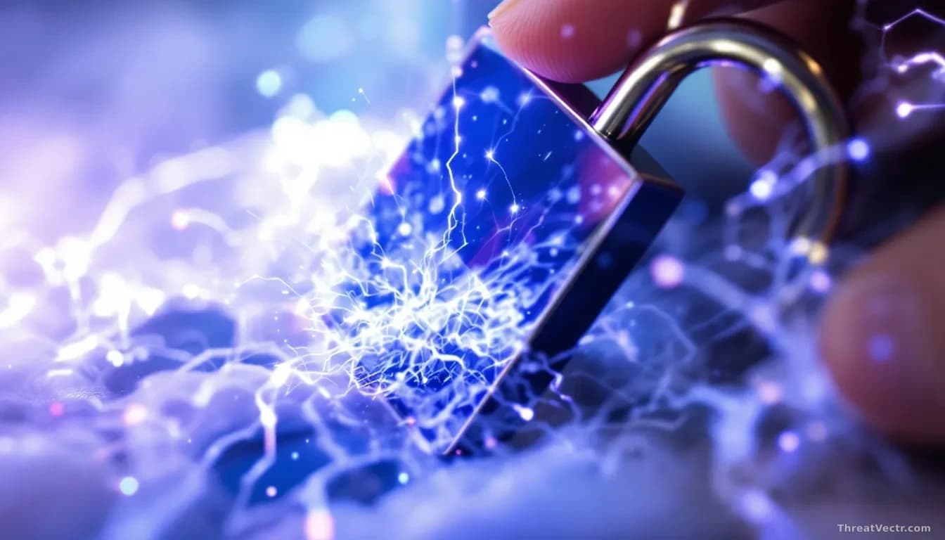 A visual representation of a digital storm hitting a Drupal logo, symbolizing a security vulnerability