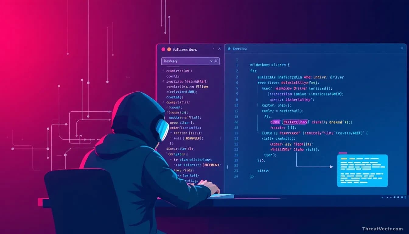A digital illustration of a hacker exploiting a Windows driver without hardware, with a focus on code interaction diagrams