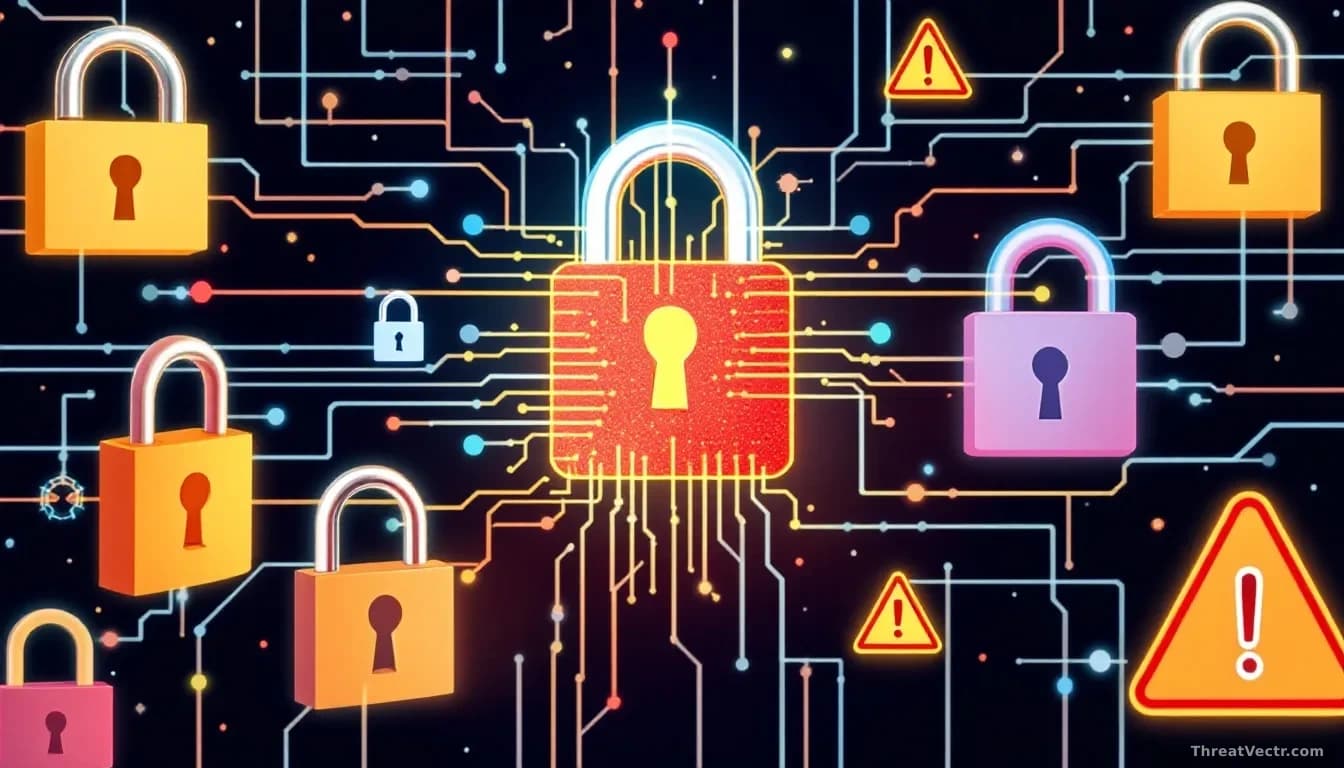 An illustration of a network security breach with digital locks and warning symbols