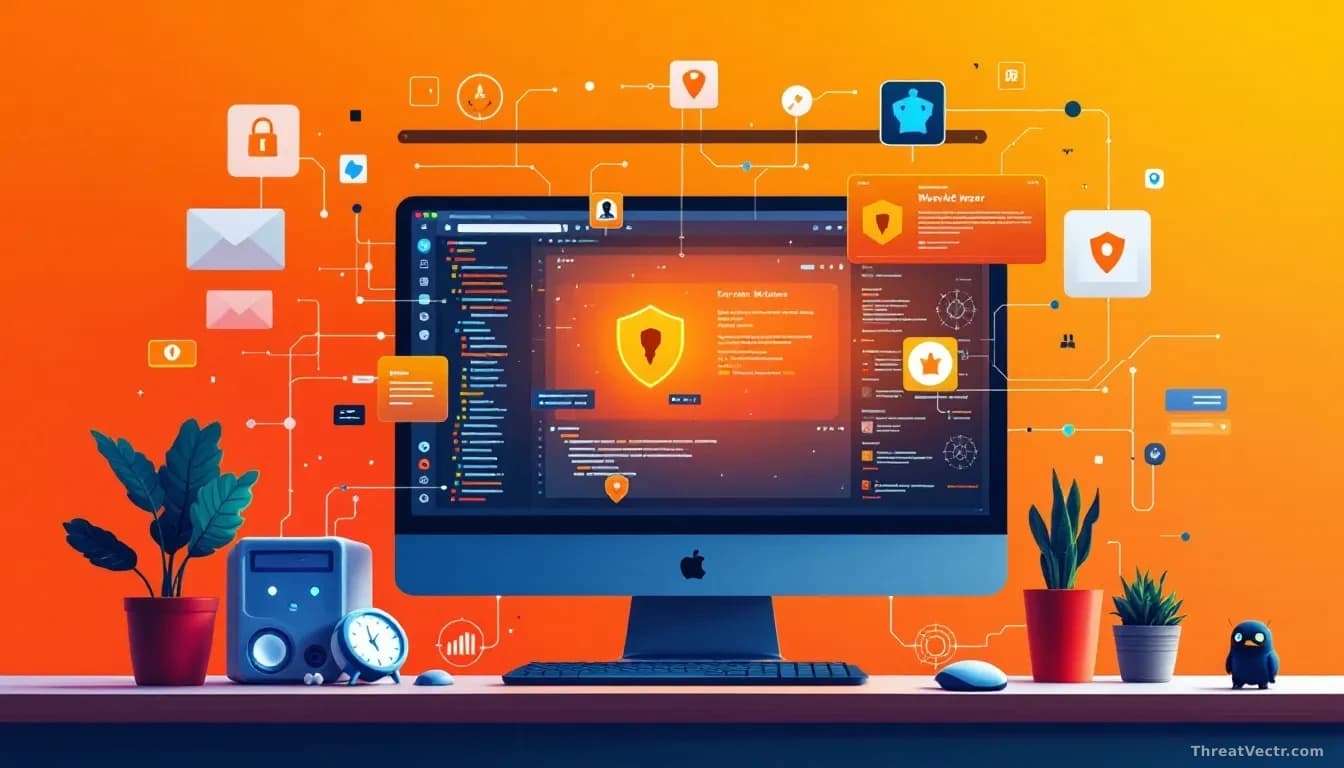A developer workstation surrounded by digital threats, symbolizing malware infiltration