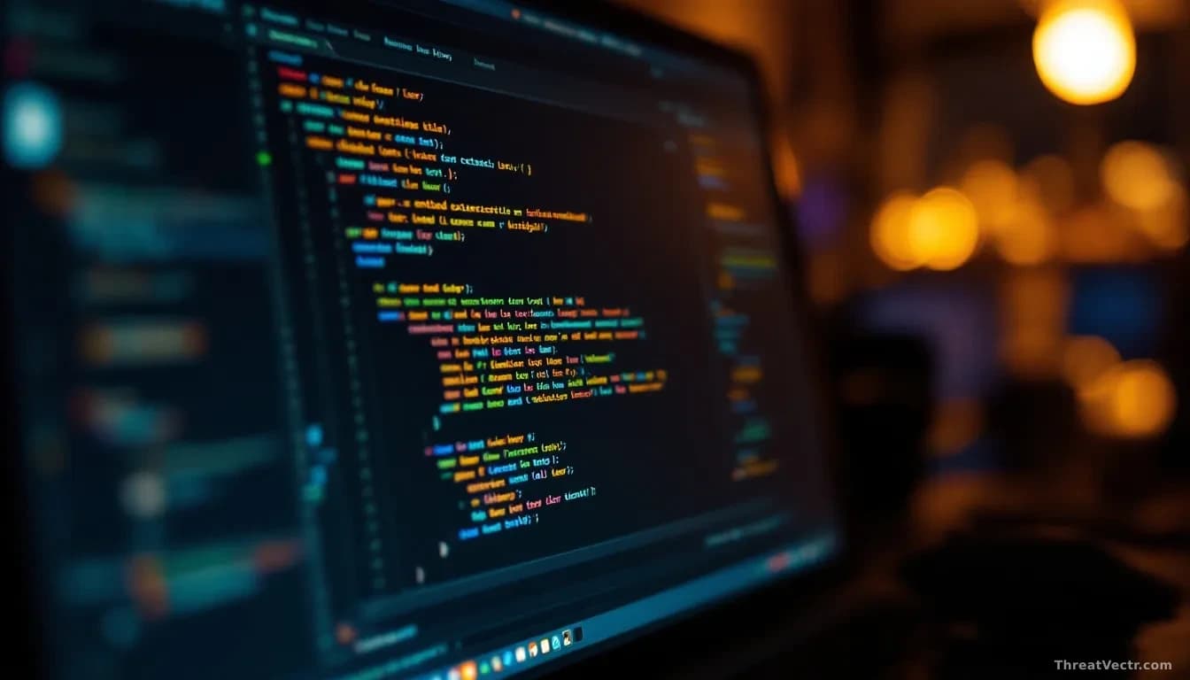 Dim editorial photograph of a developer workstation at night, screen showing a code editor with a redacted extension manifest, faint overlay of blockchain trans