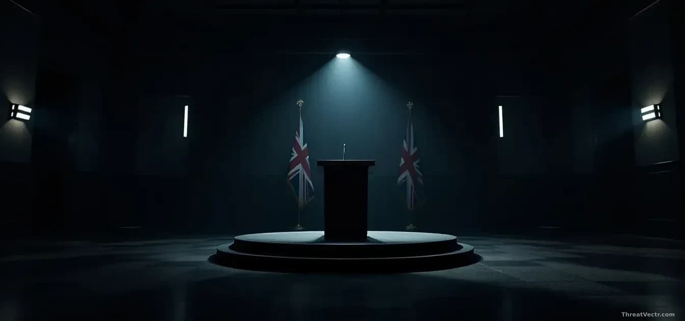 A dimly lit government briefing room at night, a lone lectern illuminated by a single overhead light, Union Jack flag partially visible in the background, drama