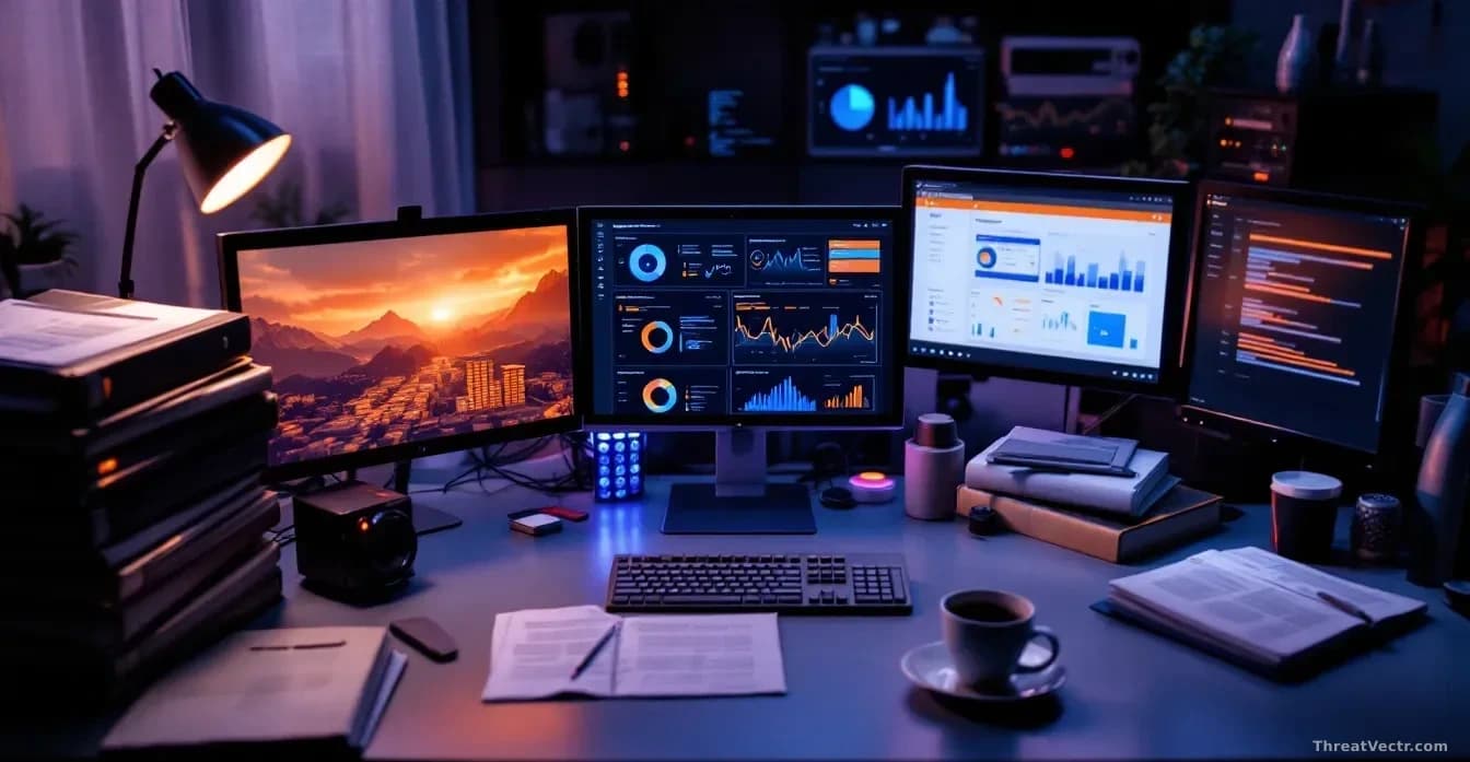 Full-frame edge-to-edge photoreal overhead shot of a cluttered managed service provider workstation at dusk: multiple monitors showing abstract dashboard grids