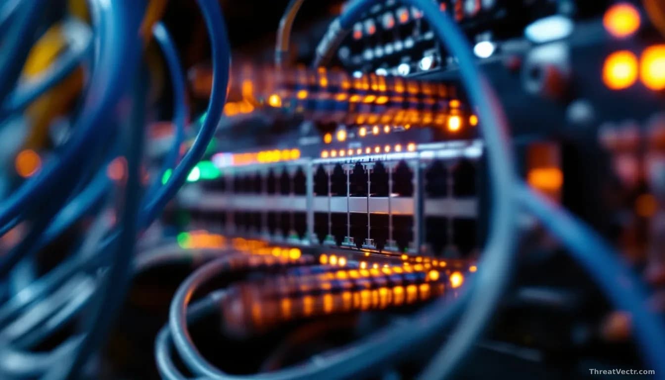 Macro photograph of a dense industrial network switch with blinking amber and green LEDs, mounted inside a steel cabinet alongside tangled ethernet and fiber-op