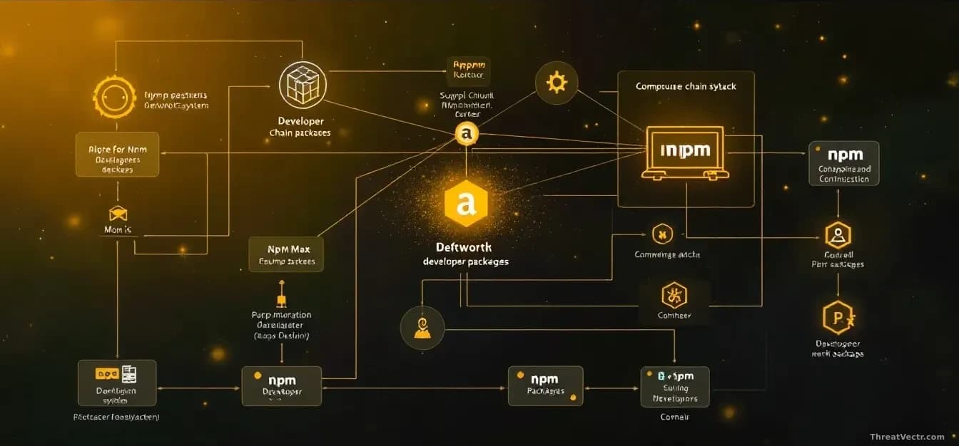A network diagram showing a supply chain attack with compromised npm packages affecting developer systems