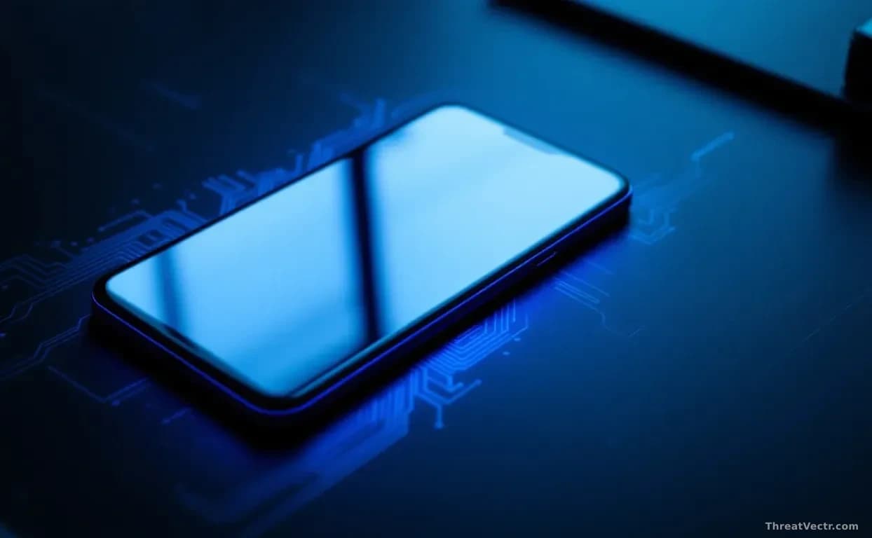 Close-up overhead view of a modern Android smartphone lying face-up on a dark matte desk, its screen glowing with a soft blue-white light, surrounded by faint a