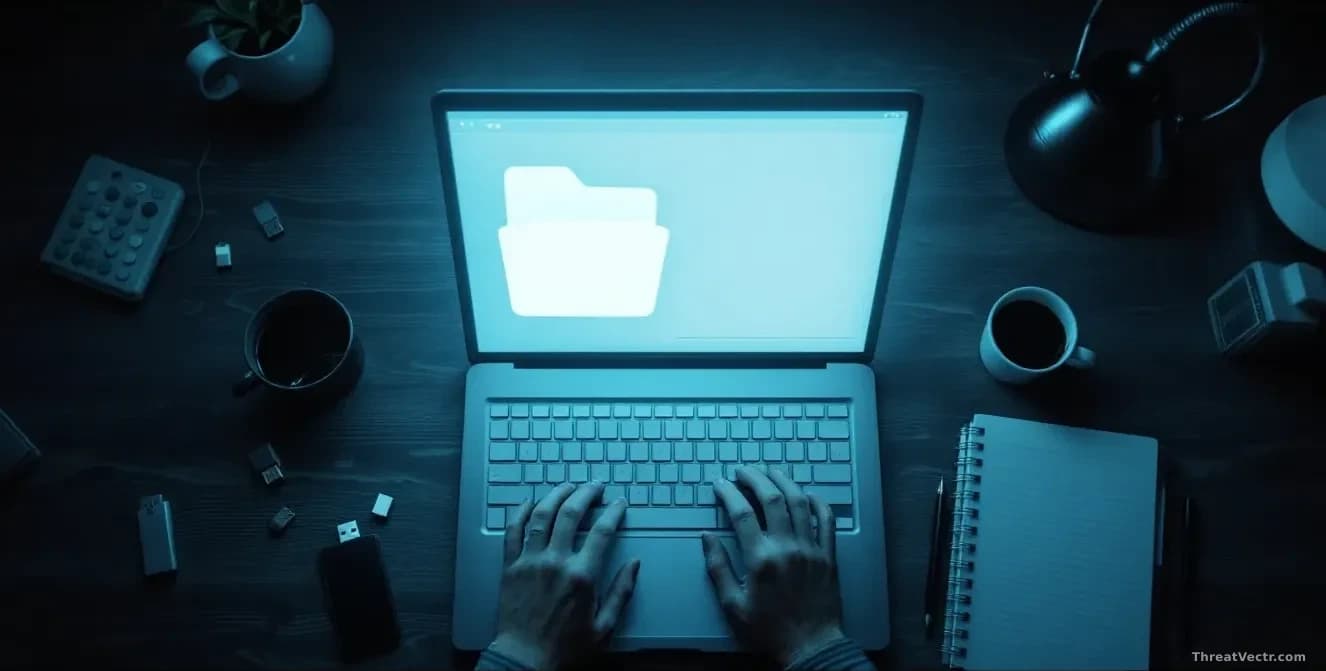 Full-frame edge-to-edge overhead photoreal shot of a darkened workstation desk with an open laptop showing an abstract file archive extraction interface glowing
