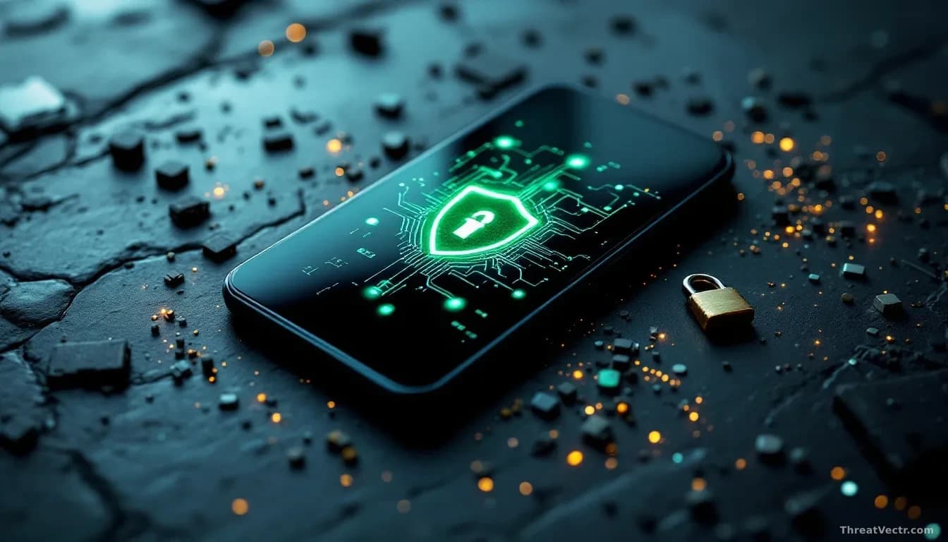 Full-frame edge-to-edge photoreal overhead shot of a generic unbranded smartphone on a dark slate surface, screen glowing with abstract green security shield ic