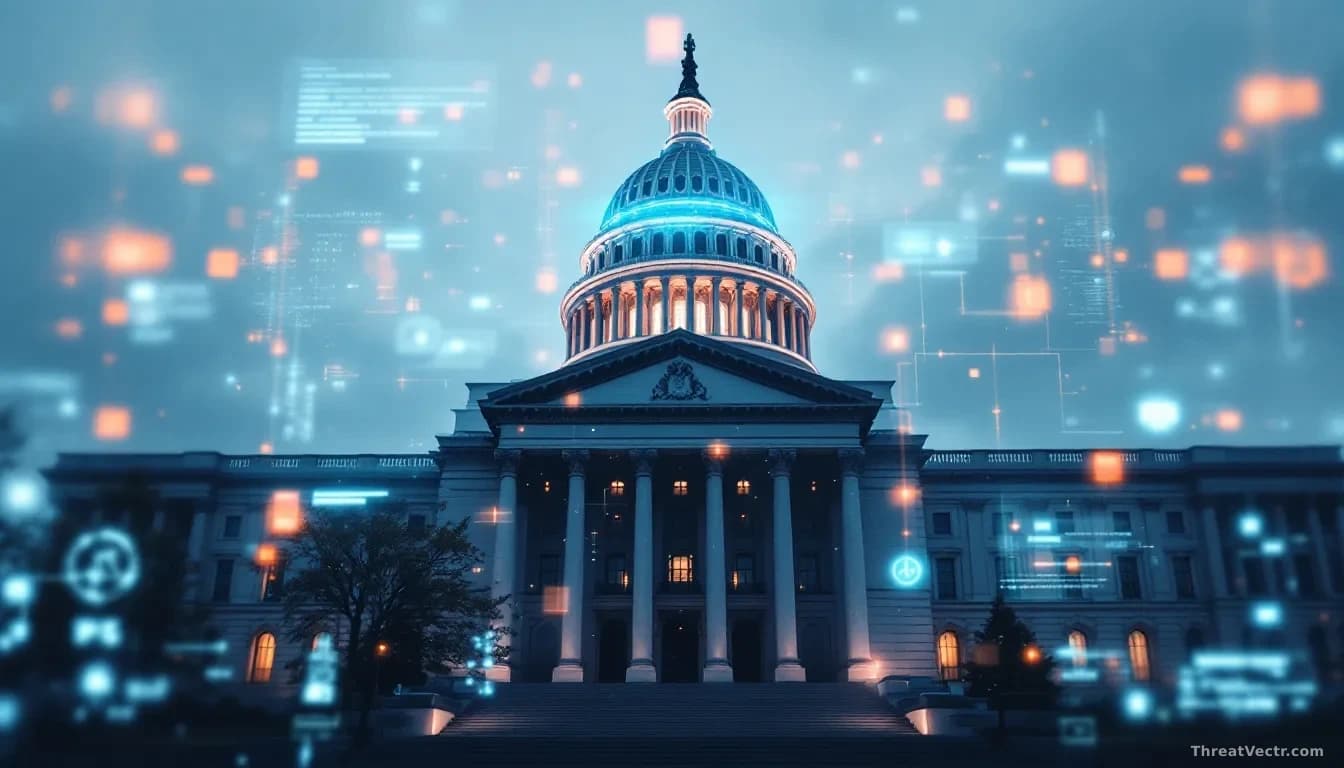 A federal building with digital interface overlay representing AI technology assessment