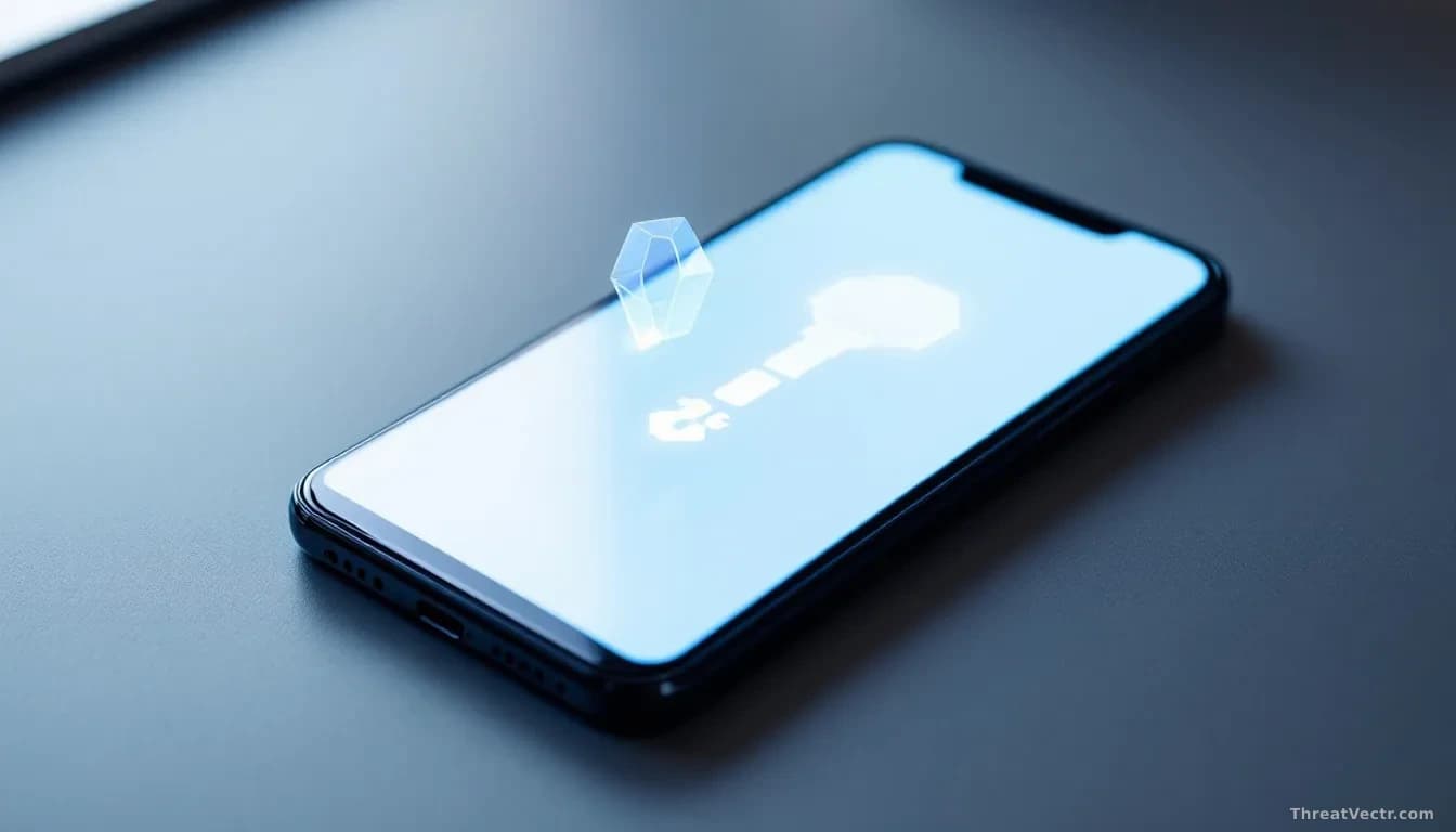 Full-frame edge-to-edge overhead photoreal shot of a generic black Android smartphone face-up on a matte gray desk, screen glowing pale blue with abstract geome