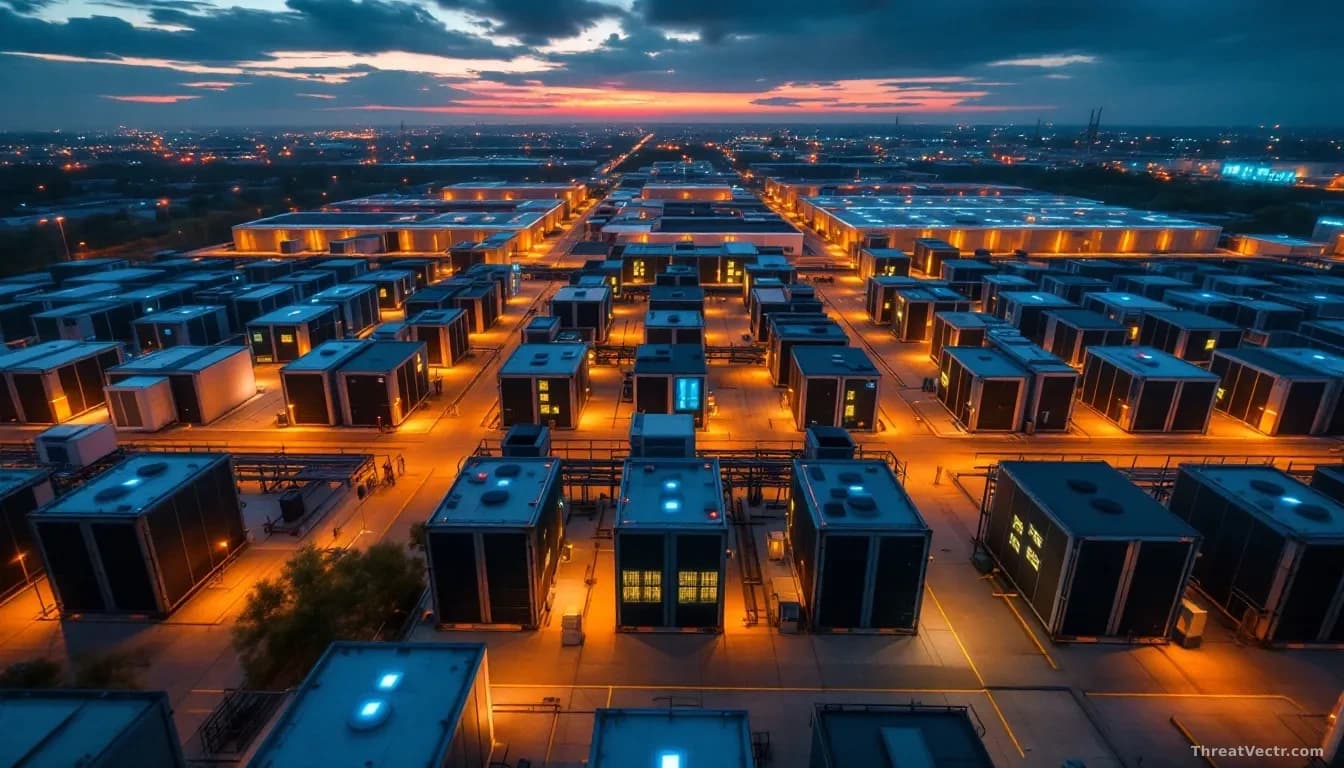 Aerial top-down view of a large modular data center campus at dusk, cooling units and server hall rooftops visible, warm amber security lighting contrasting wit