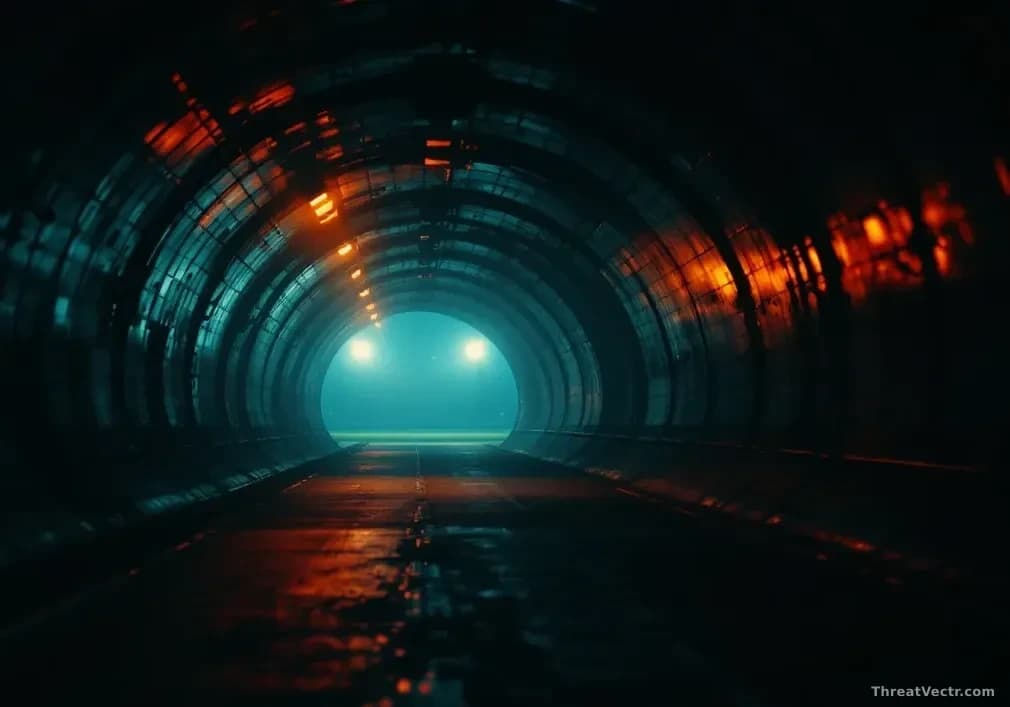 Photoreal news-editorial shot of an empty stadium tunnel at dusk leading toward a brightly lit pitch, shallow depth of field, slight haze, cool teal and warm so