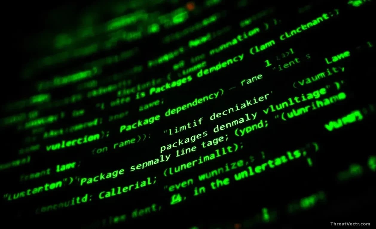 Extreme close-up of a glowing green terminal screen filled with cascading lines of package dependency text and vulnerability identifiers, shot from a low angle